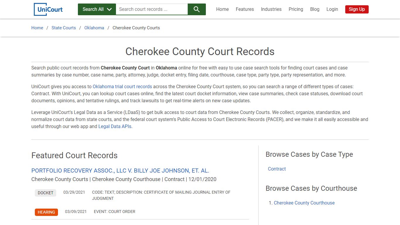 Cherokee County Court Records | Oklahoma | UniCourt